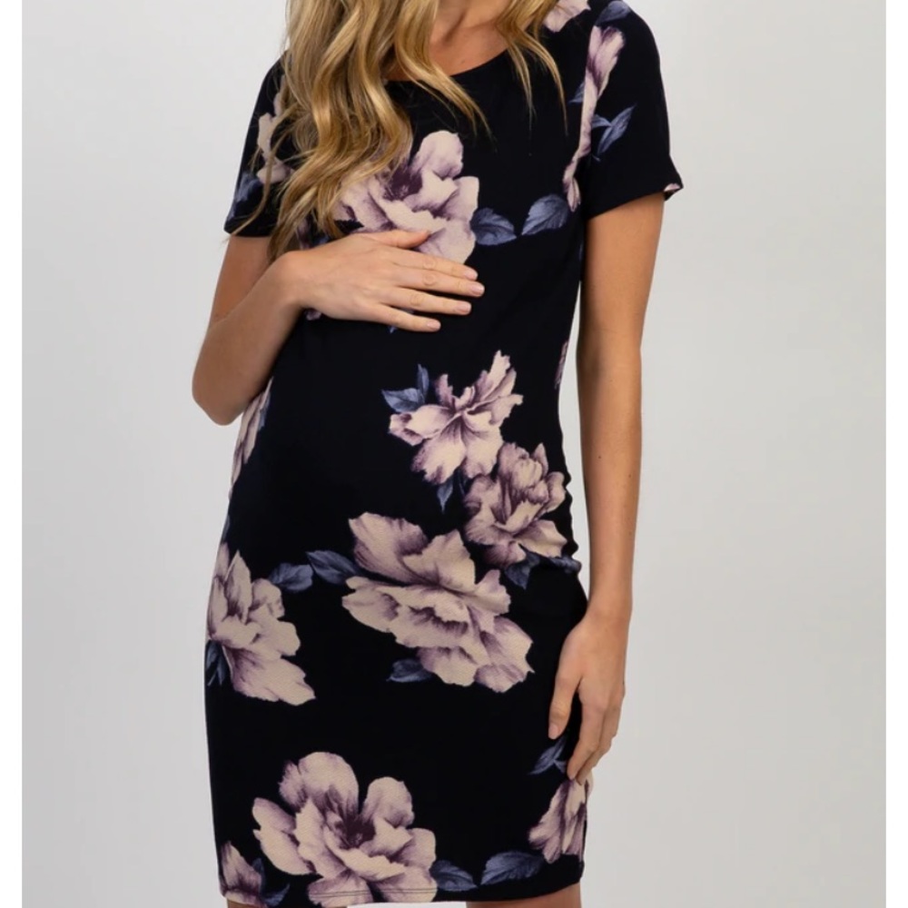 PinkBlush Navy Blue Watercolor Floral Fitted Maternity Dress